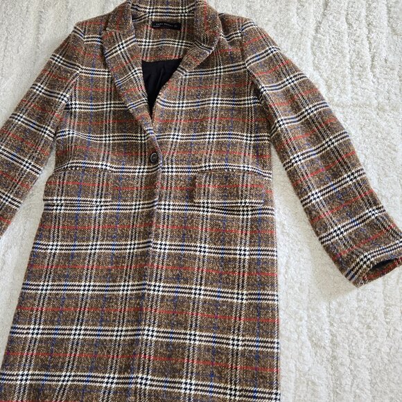 ZARA BROWN CHECKED SINGLE BREASTED WOOL & ALPACA COAT SIZE M - Picture 7 of 12